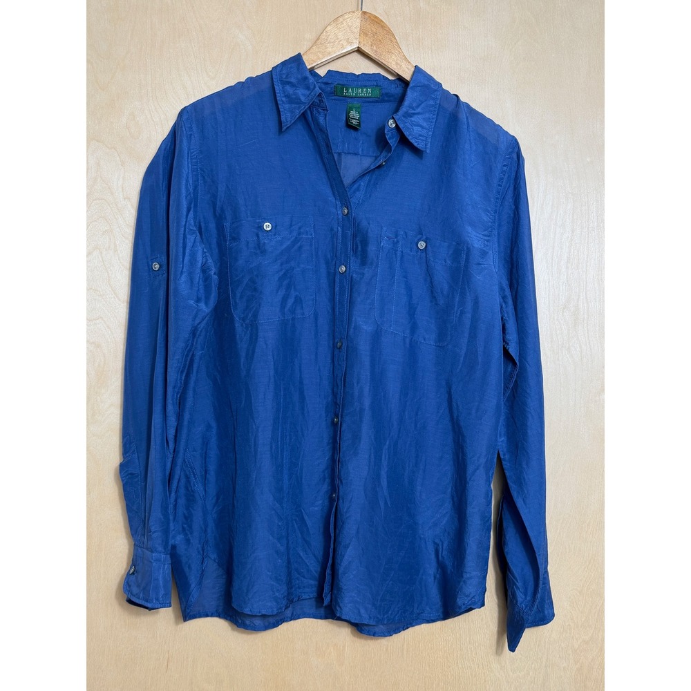 Lauren Ralph Lauren L Blue Silk Roll Tab Sleeve Button Down Utility Blouse